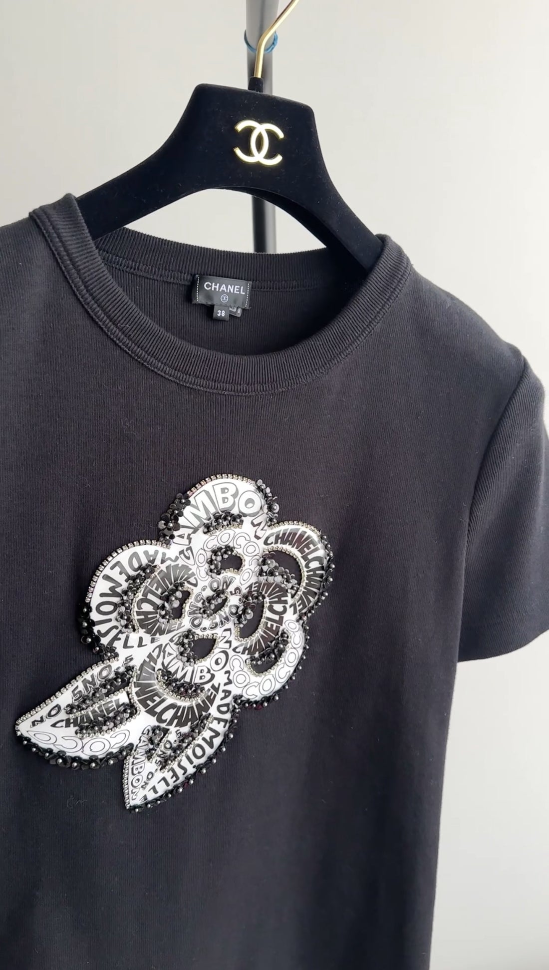 Chanel Black Cotton Camelia Logo Crystal Embellished T Shirt - 38 (S/M)