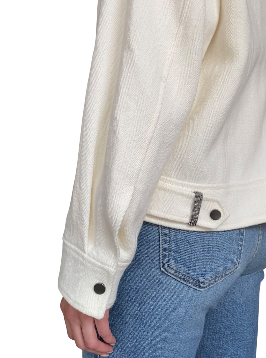 Brunello Cucinelli White Herringbone Moto Jacket - IT 40 / US 6-8