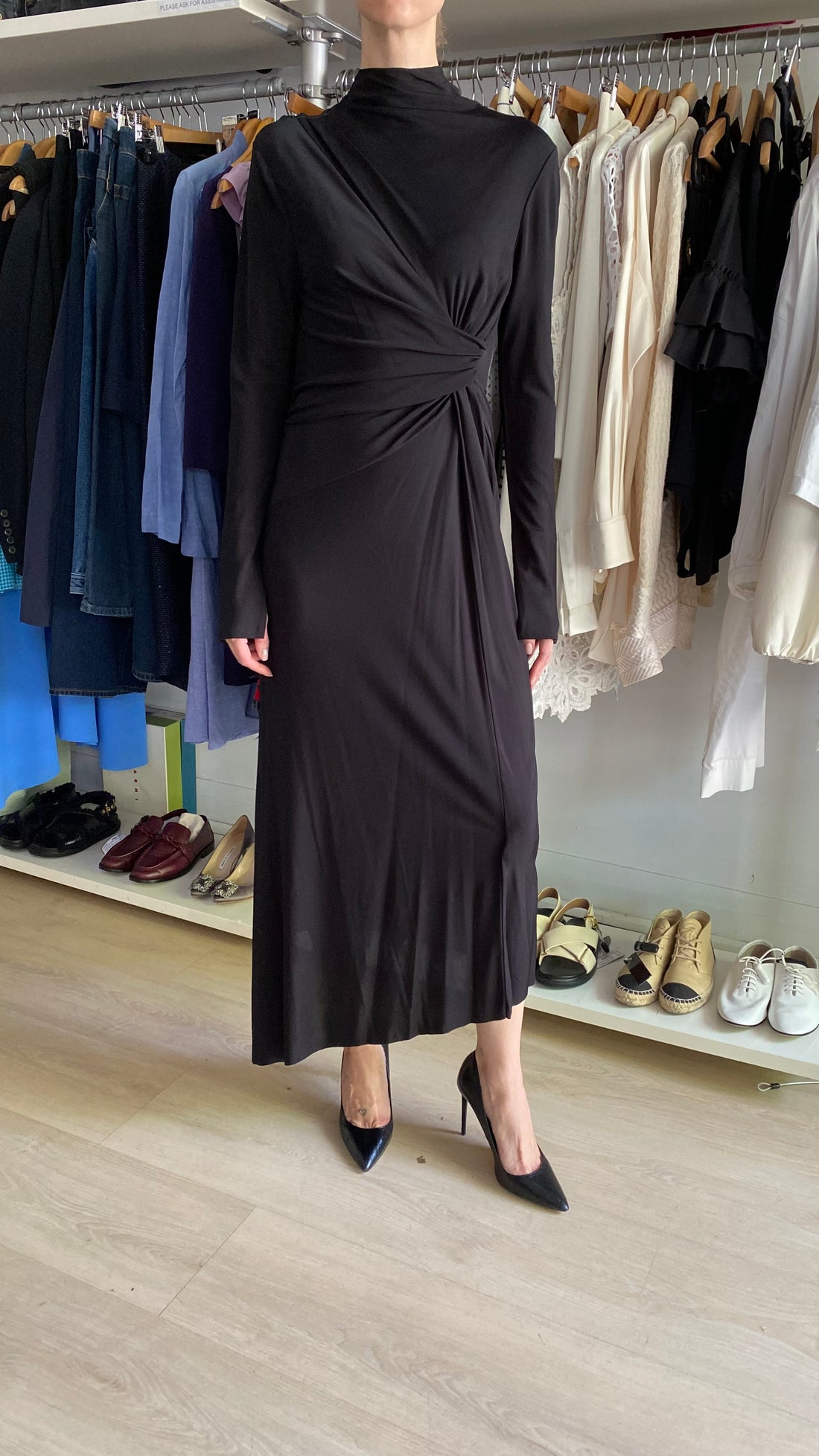 Victoria Beckham Black Gathered Turtleneck Long Sleeve Gown - US 6