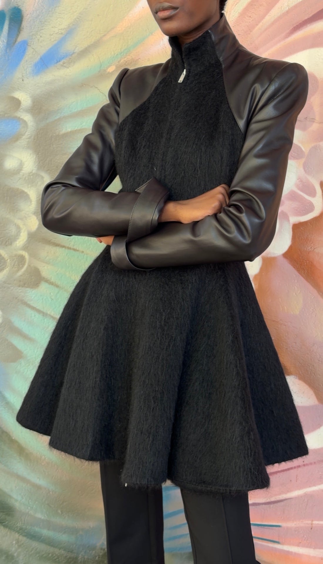 Gareth Pugh Black Alpaca and Leather Flare Zip Coat - US 10