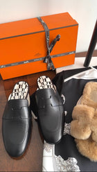 Hermes Black Leather Catena Mule with Black White Interior - 37