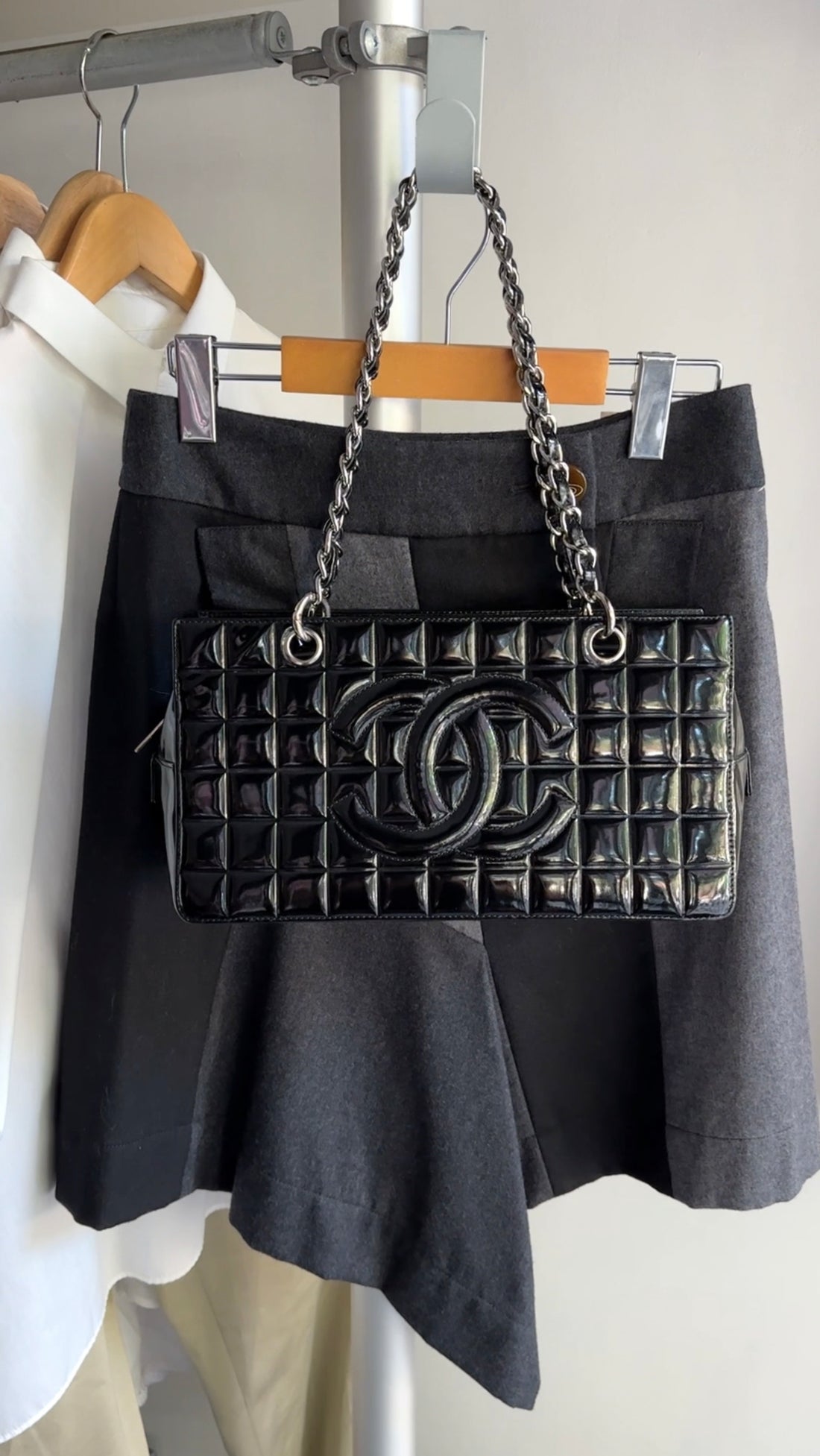 Chanel Vintage 2002-3 Black Patent Leather Choco Bar Chain Tote Bag