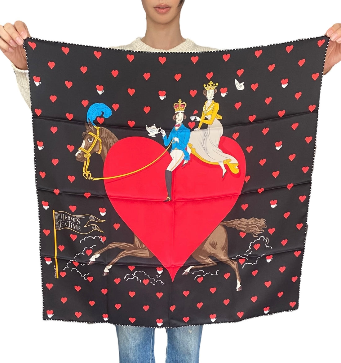 Hermes Black and Red Tea Time Hearts Silk 70mm Scarf