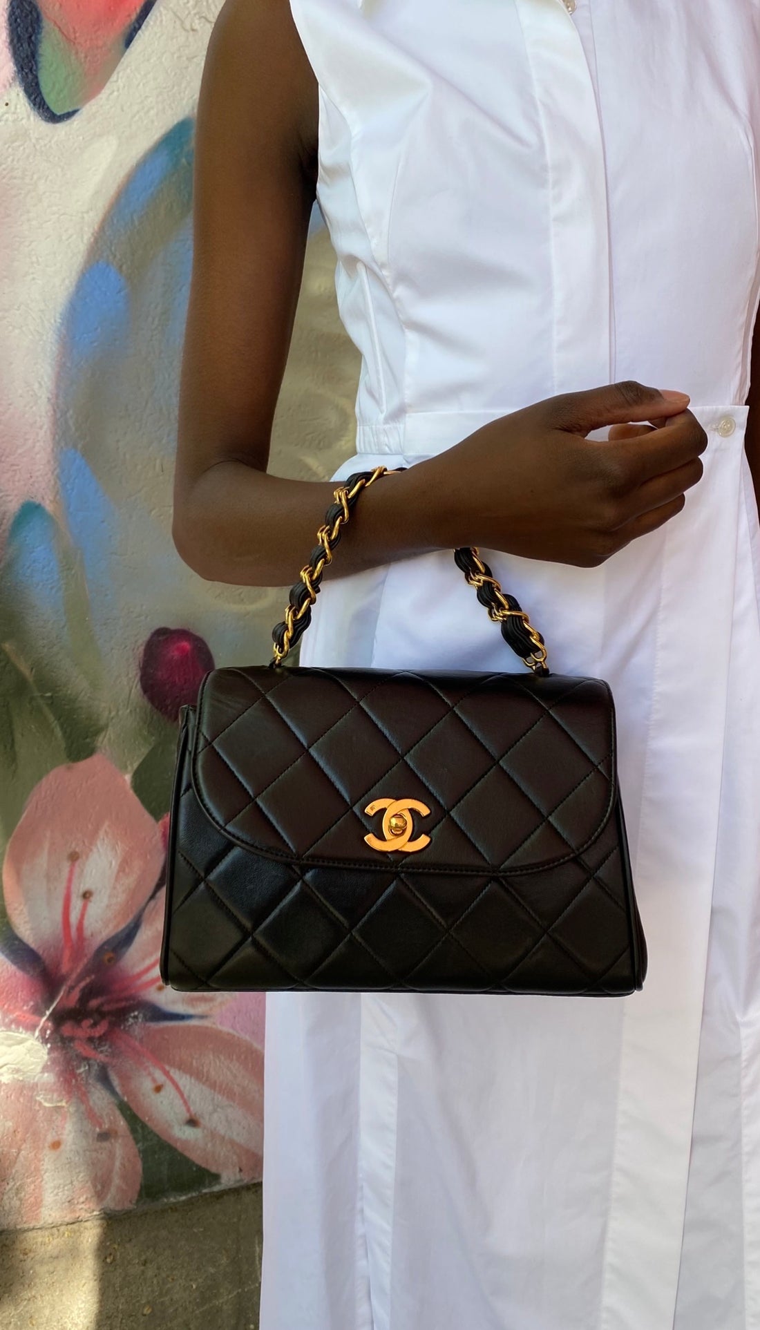 Chanel Vintage 1994 Black Leather Medium Kelly Top Handle Flap Bag