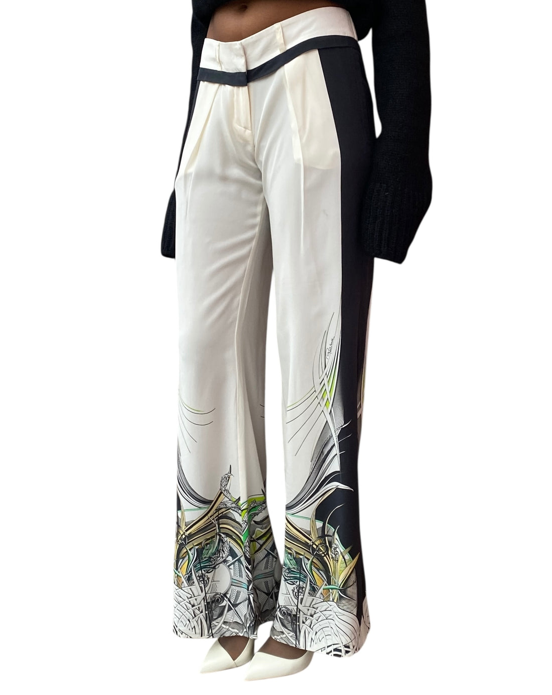 Roberto Cavalli Cream Silk Printed Trousers - 38 / US 0