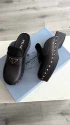 Prada Black Leather Studded Triangle Logo Clogs - 36