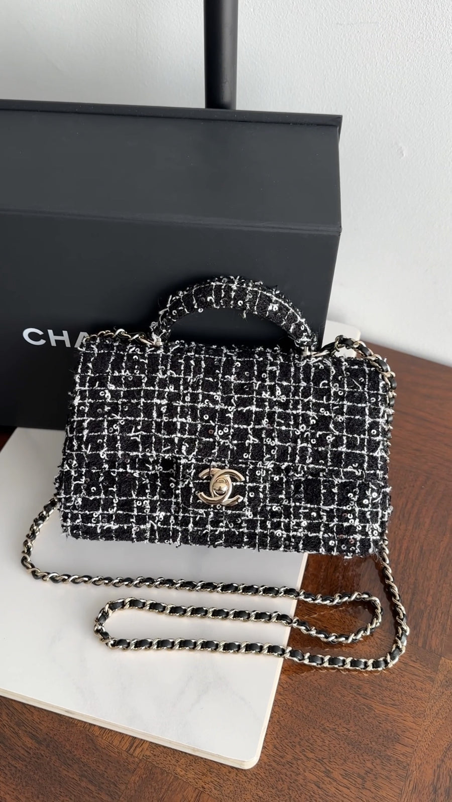 Chanel 24P Black and White Fantasy Tweed Mini Top Handle Chain Bag