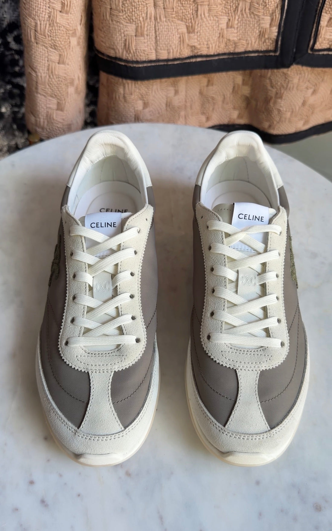 Celine Khaki White Nylon Suede Calfskin Triomphe Racer Sneaker - 37