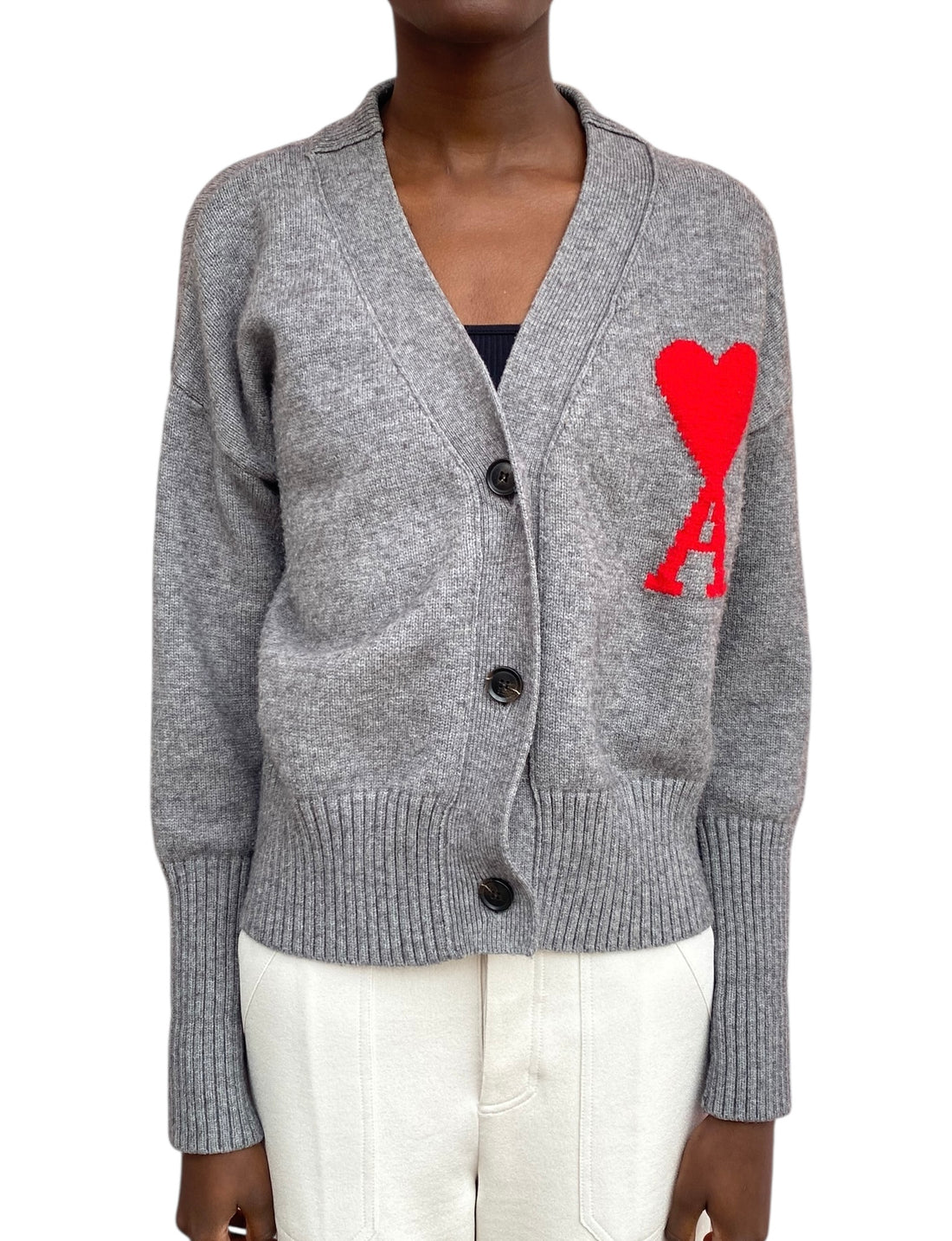 Ami Paris Grey Wool Knit Logo Cardigan - M / US 6