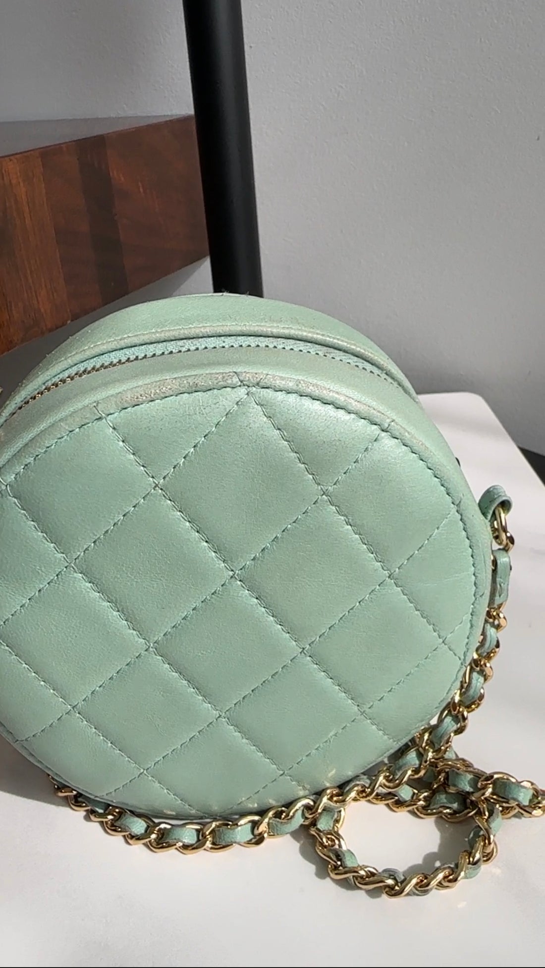 Chanel Mint Green Quilted Leather CC Strass Mini Round Clutch Bag