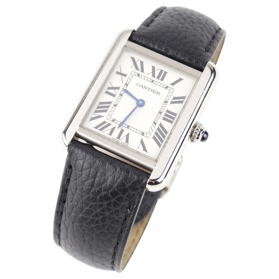 Cartier Stainless Steel and Black Leather Tank Solo 22mm