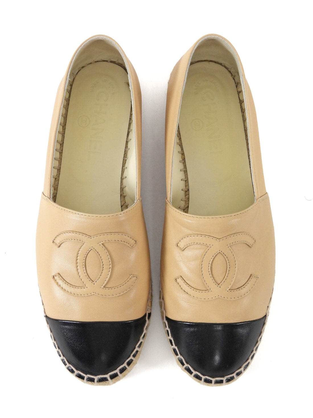 Chanel Beige and Black Leather CC Cap Toe Espadrilles - 37