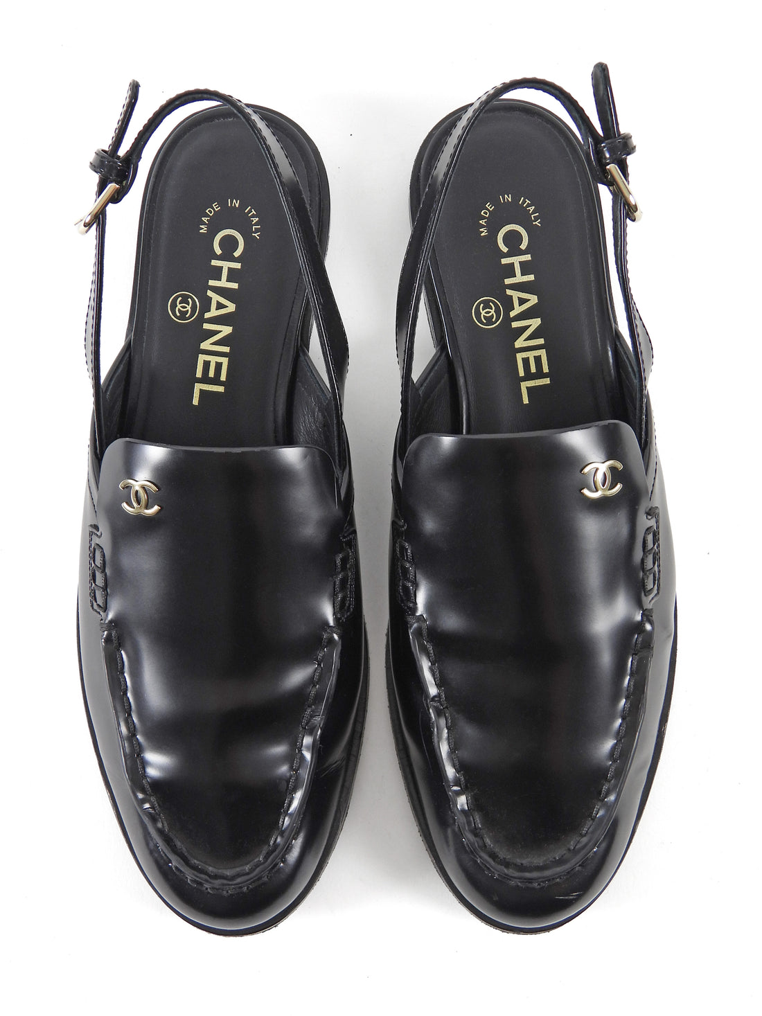 Chanel Black 26P Glossed Leather Slingback Loafers - 38.5