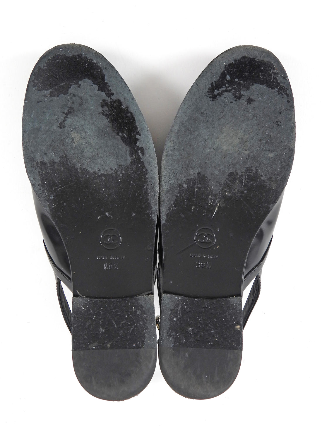 Chanel Black 26P Glossed Leather Slingback Loafers - 38.5
