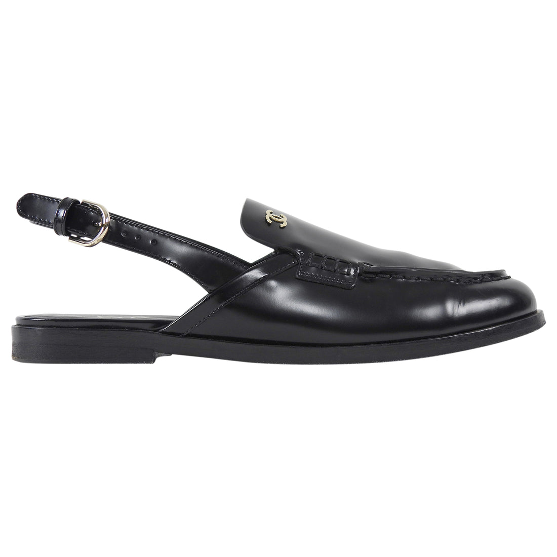 Chanel Black 26P Glossed Leather Slingback Loafers - 38.5