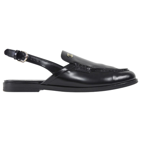 Chanel Black 26P Glossed Leather Slingback Loafers - 38.5