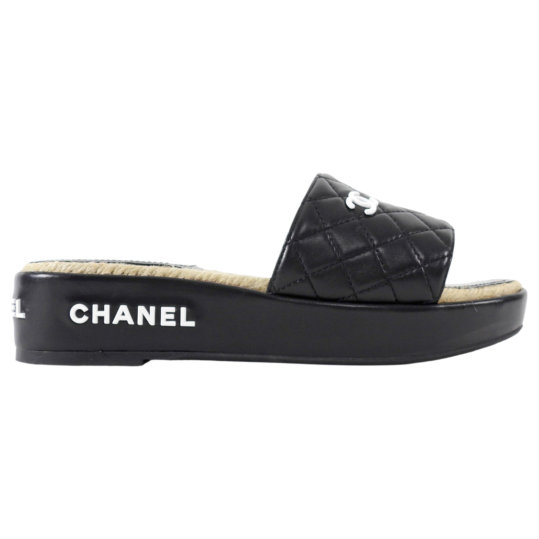 Chanel Black and White Quilted Leather CC Platform Slide Sandals - 37