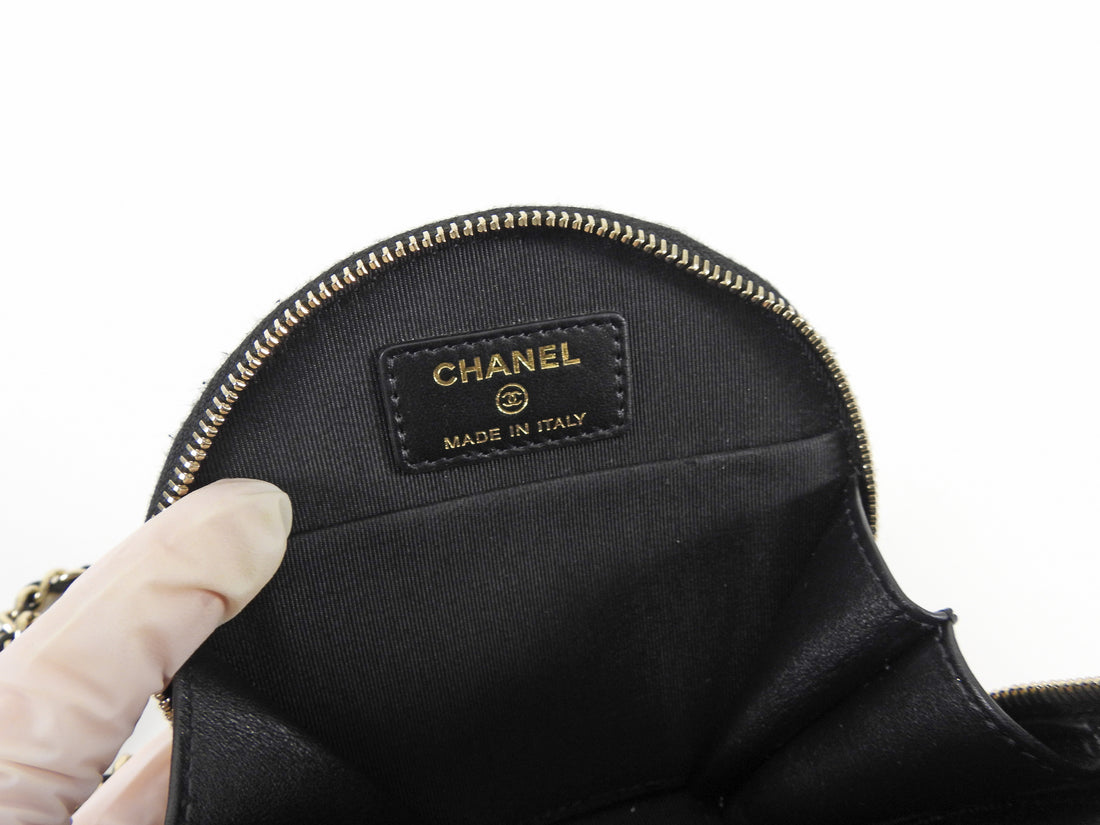 Chanel 2021 Black Quilted Caviar Leather Handle With Care Round Vanity Case Mini Bag