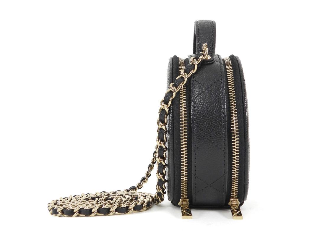 Chanel 2021 Black Quilted Caviar Leather Handle With Care Round Vanity Case Mini Bag