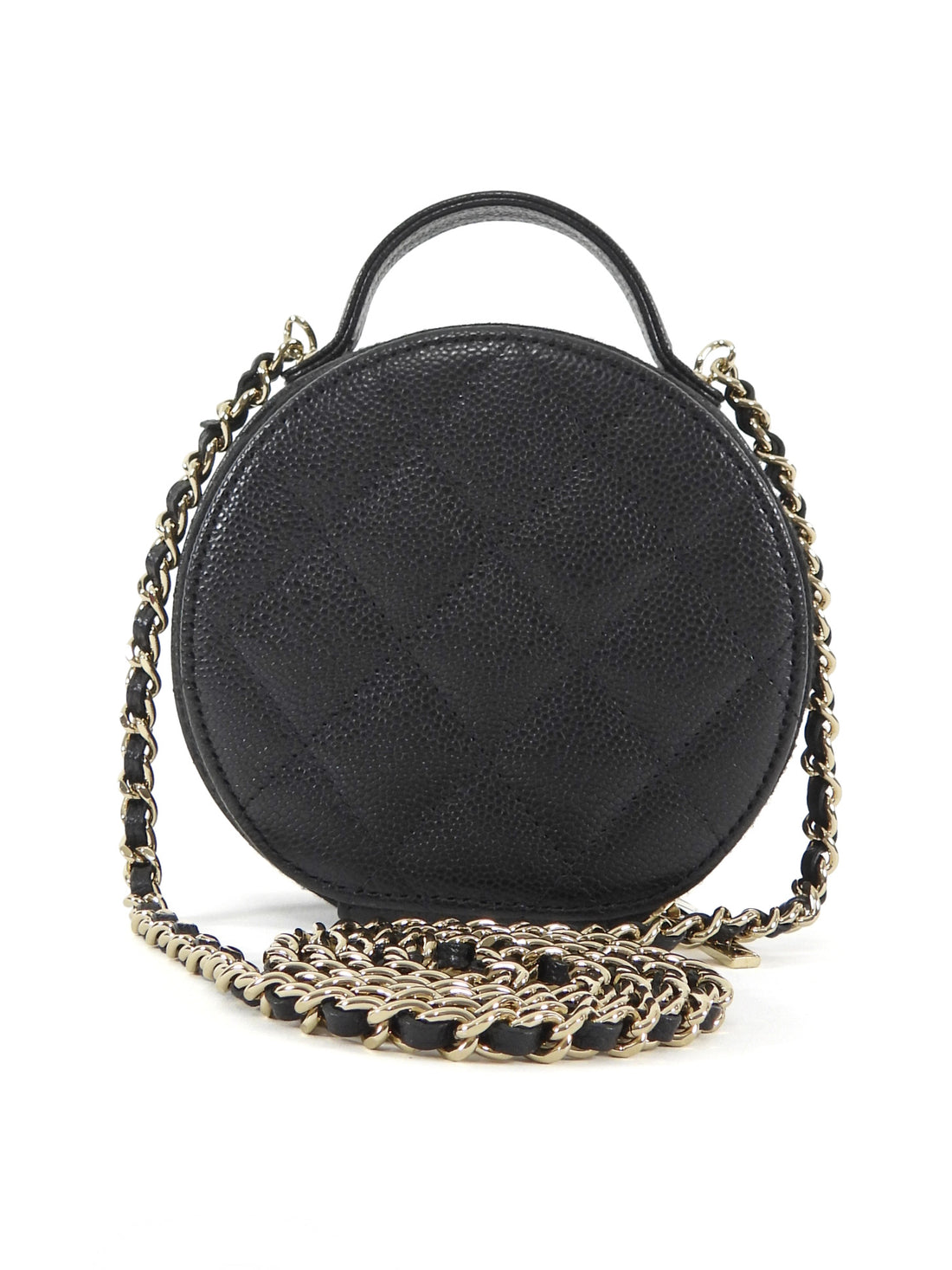 Chanel 2021 Black Quilted Caviar Leather Handle With Care Round Vanity Case Mini Bag