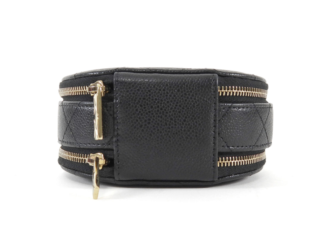Chanel 2021 Black Quilted Caviar Leather Handle With Care Round Vanity Case Mini Bag