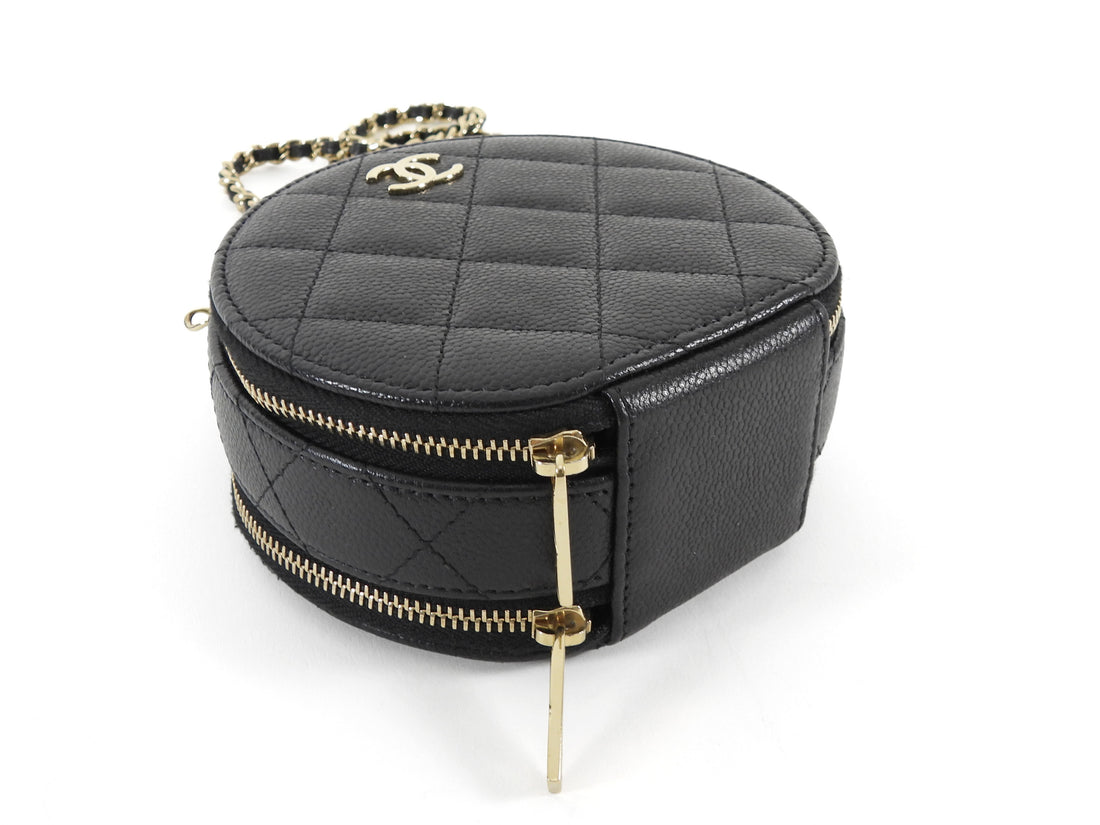 Chanel 2021 Black Quilted Caviar Leather Handle With Care Round Vanity Case Mini Bag