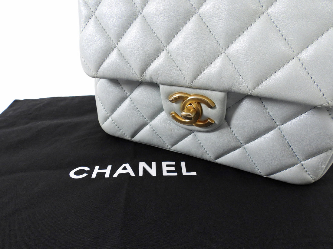 Chanel 24P Quilted Pale Ice Blue Shiny Lambskin Pearl Twist Mini Square Mini Flap Bag