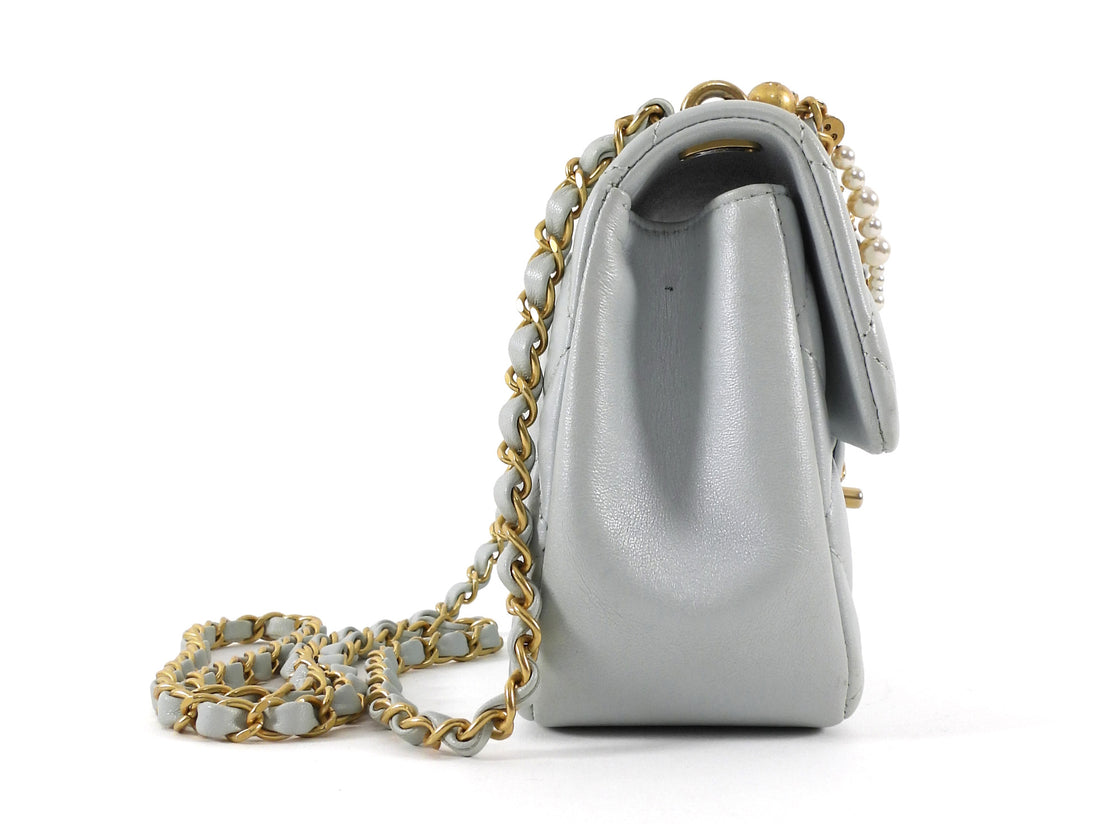 Chanel 24P Quilted Pale Ice Blue Shiny Lambskin Pearl Twist Mini Square Mini Flap Bag