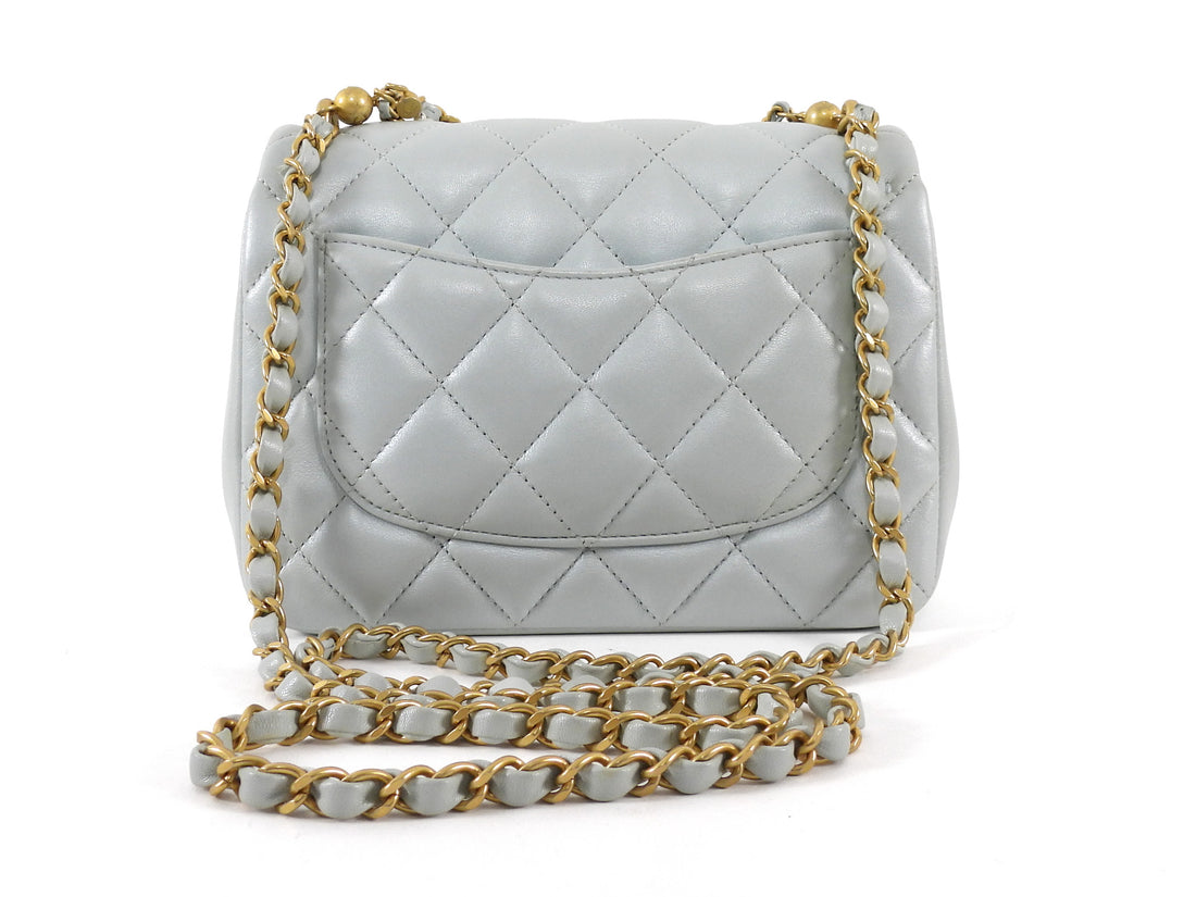 Chanel 24P Quilted Pale Ice Blue Shiny Lambskin Pearl Twist Mini Square Mini Flap Bag