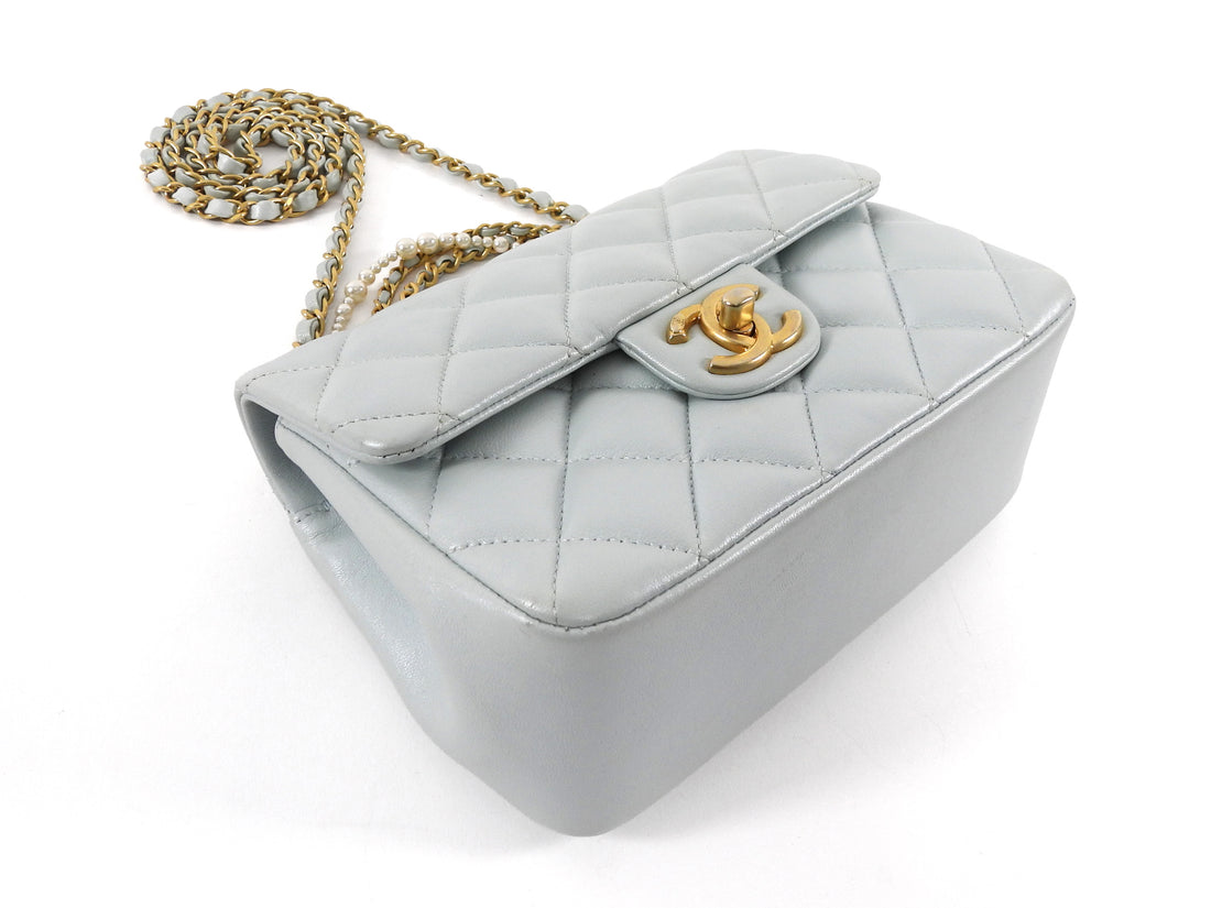 Chanel 24P Quilted Pale Ice Blue Shiny Lambskin Pearl Twist Mini Square Mini Flap Bag