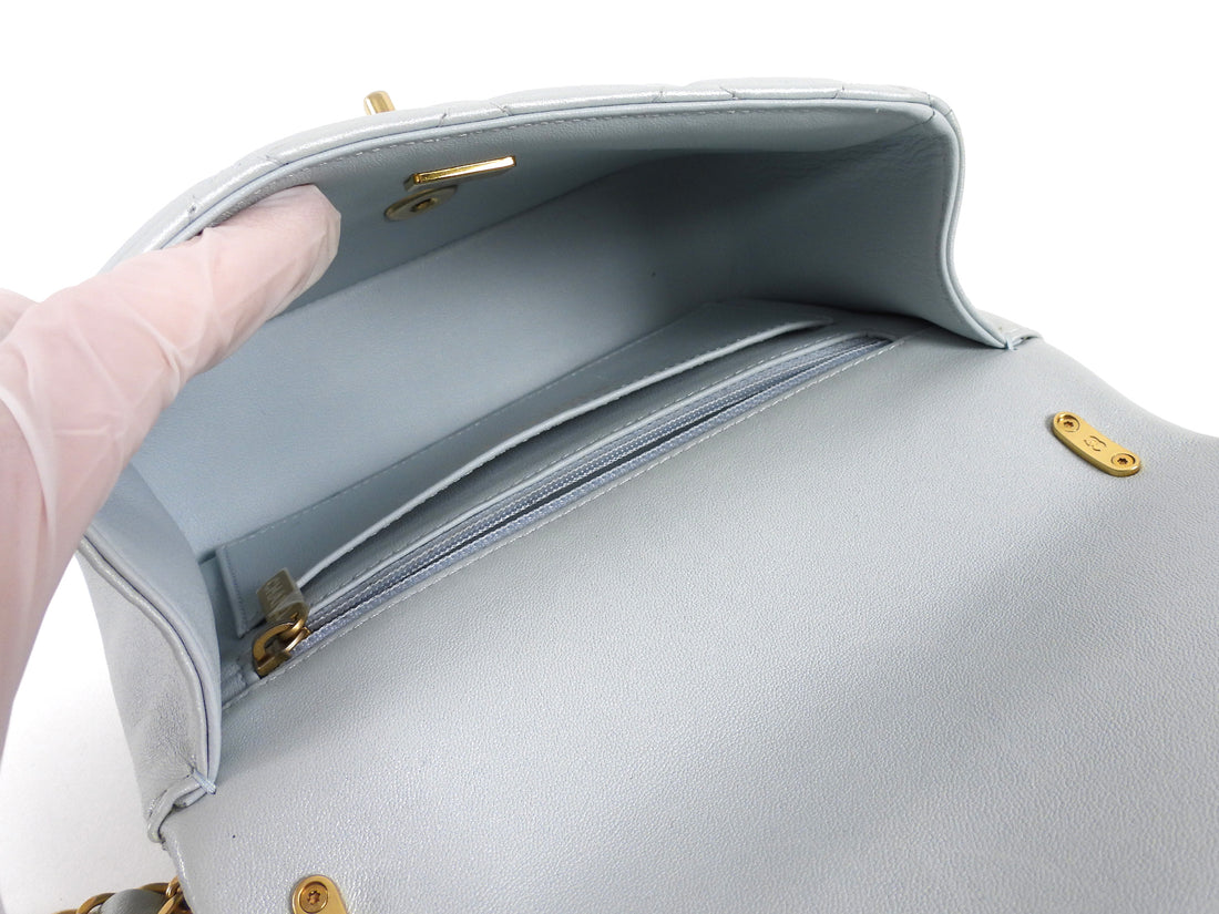 Chanel 24P Quilted Pale Ice Blue Shiny Lambskin Pearl Twist Mini Square Mini Flap Bag
