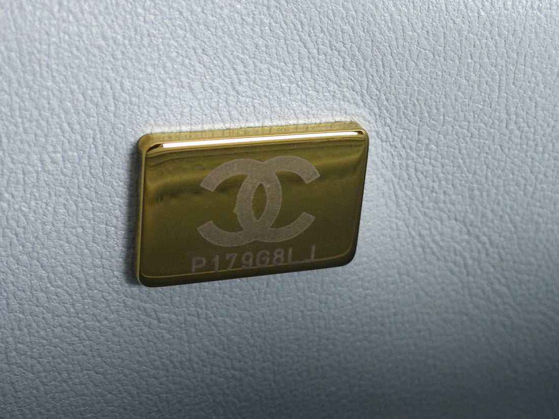 Chanel 24P Quilted Pale Ice Blue Shiny Lambskin Pearl Twist Mini Square Mini Flap Bag