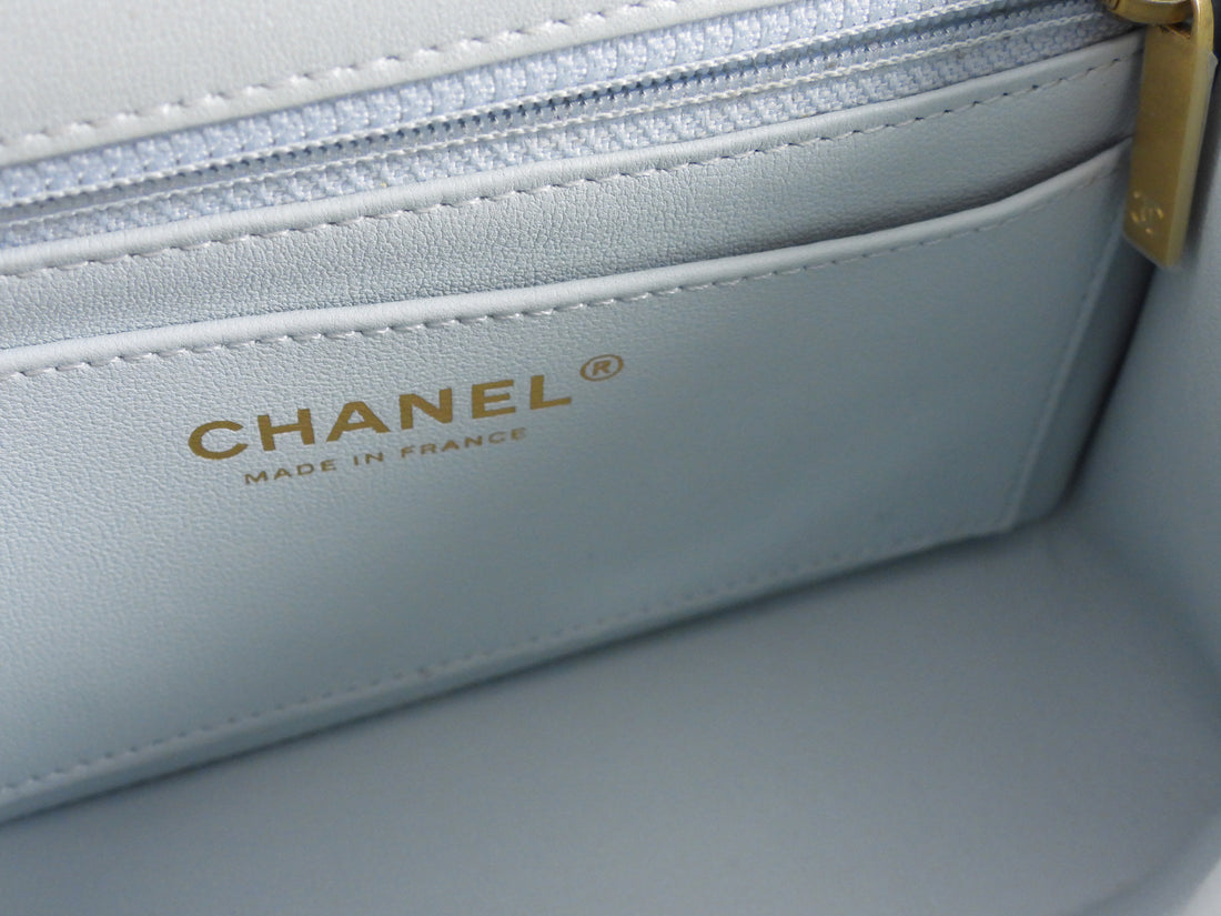 Chanel 24P Quilted Pale Ice Blue Shiny Lambskin Pearl Twist Mini Square Mini Flap Bag