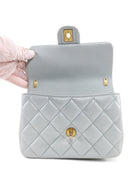 Chanel 24P Quilted Pale Ice Blue Shiny Lambskin Pearl Twist Mini Square Mini Flap Bag