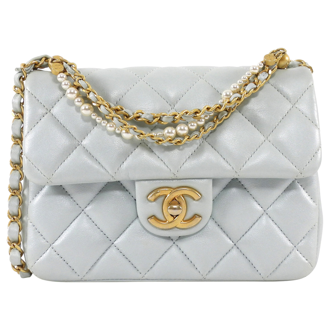Chanel 24P Quilted Pale Ice Blue Shiny Lambskin Pearl Twist Mini Square Mini Flap Bag