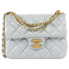 Chanel 24P Quilted Pale Ice Blue Shiny Lambskin Pearl Twist Mini Square Mini Flap Bag