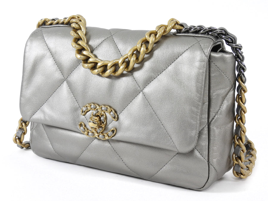 Chanel Silver Medium 19 Metallic Quilted Chain Bag