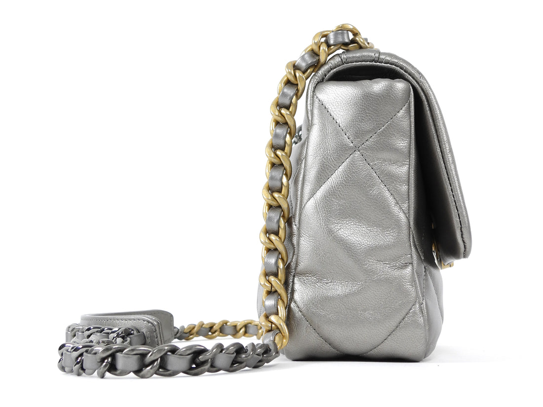 Chanel Silver Medium 19 Metallic Quilted Chain Bag