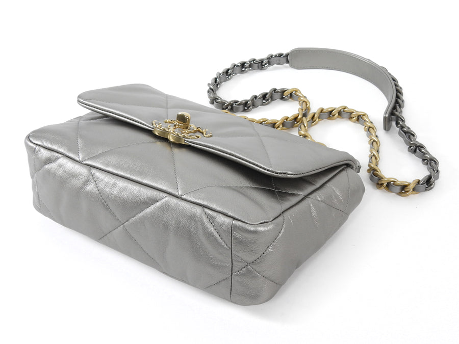 Chanel Silver Medium 19 Metallic Quilted Chain Bag