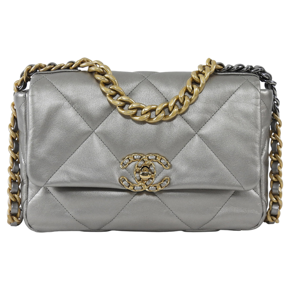Chanel Silver Medium 19 Metallic Quilted Chain Bag