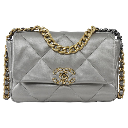 Chanel Silver Medium 19 Metallic Quilted Chain Bag