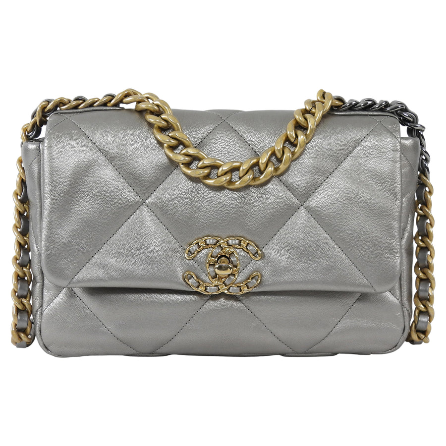 Chanel Silver Medium 19 Metallic Quilted Chain Bag
