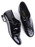 Chanel 2015 Black Patent Leather Pearl Embellished CC Oxfords - 36.5