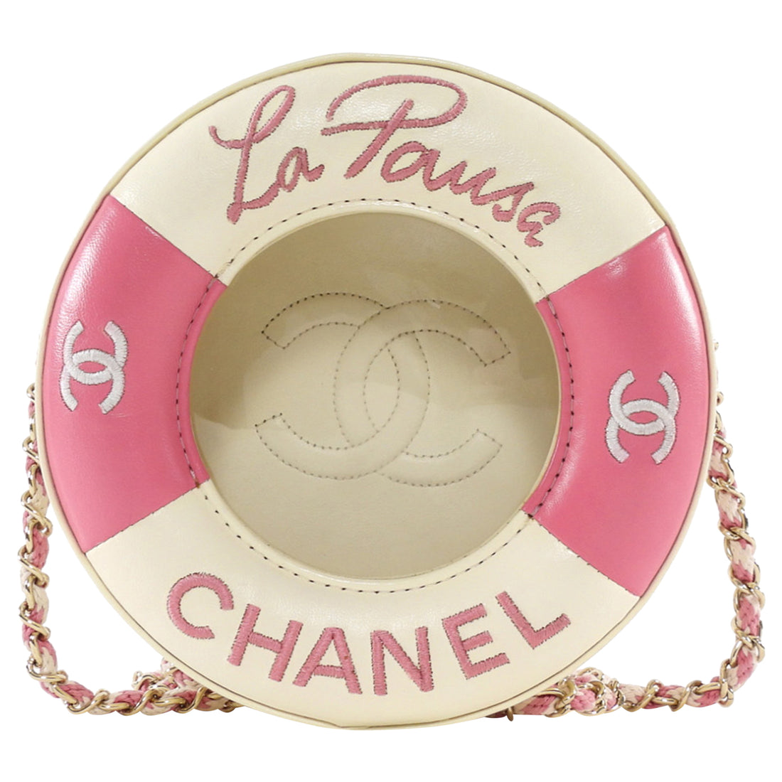 Chanel 2019 C Runway Pink and White La Pausa Lifesaver Round Bag