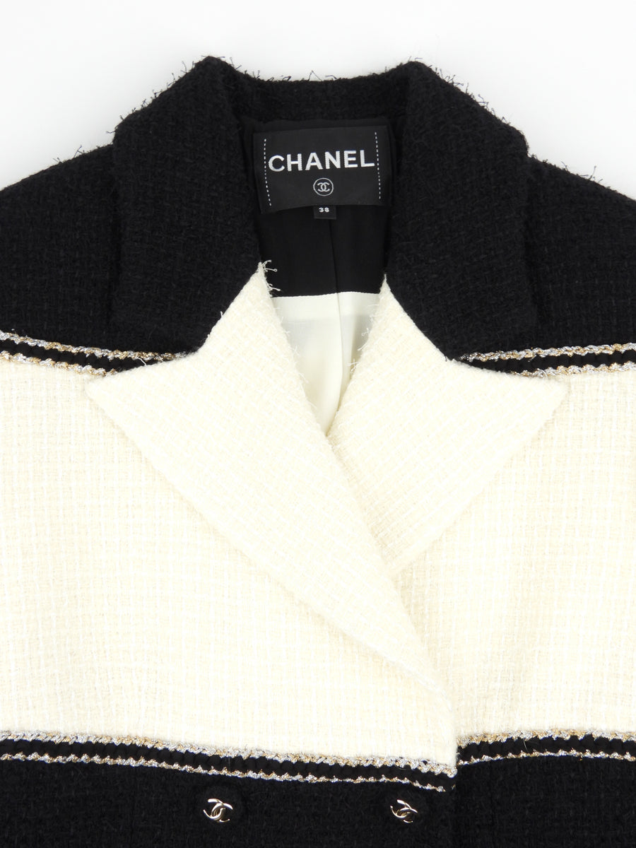 Chanel 20A Black, Cream and Gold Wool Tweed Double Breasted Jacket and Skirt Suit Set - FR38