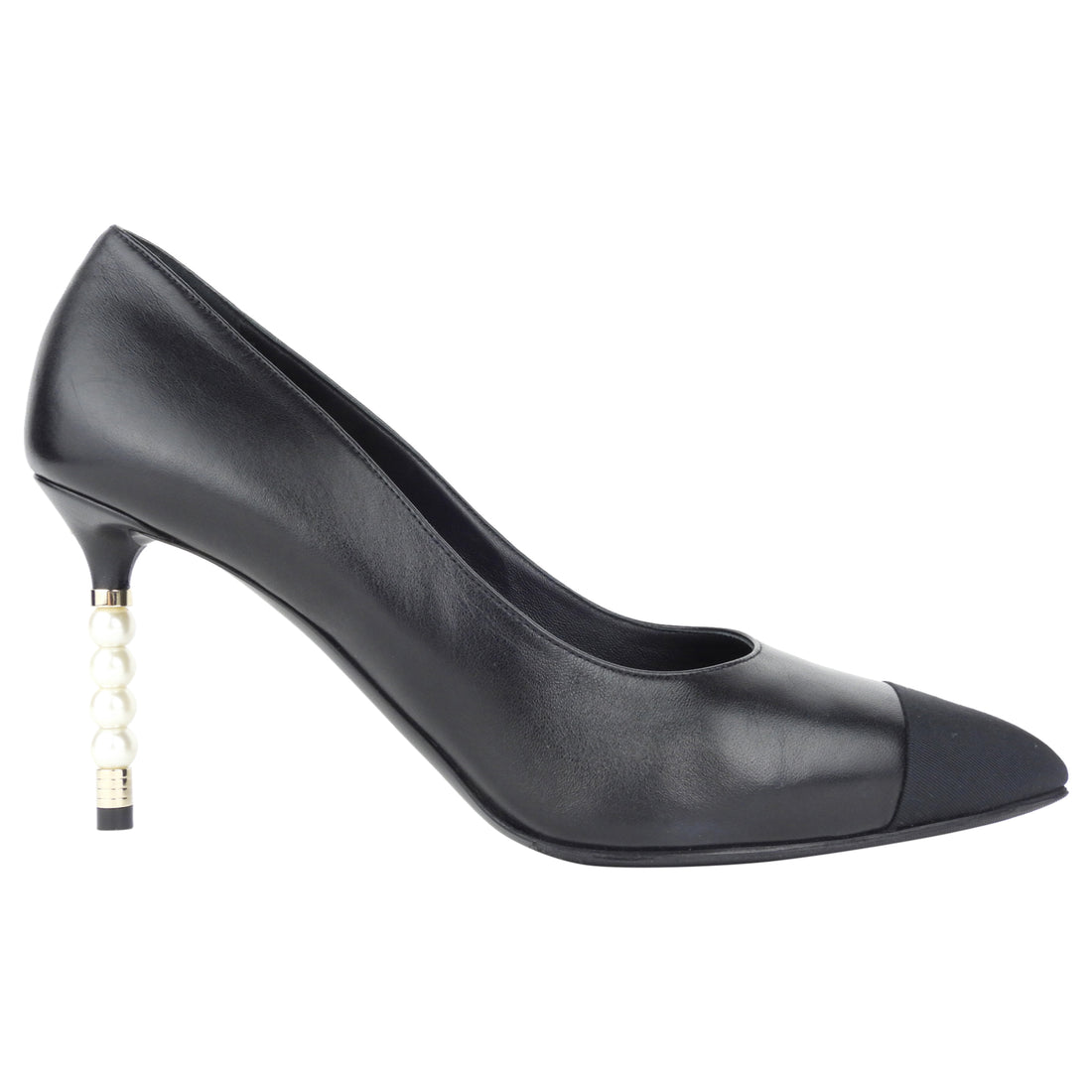 Chanel CC 20S Black Lambskin Leather and Grosgrain Cap-Toe Pearl