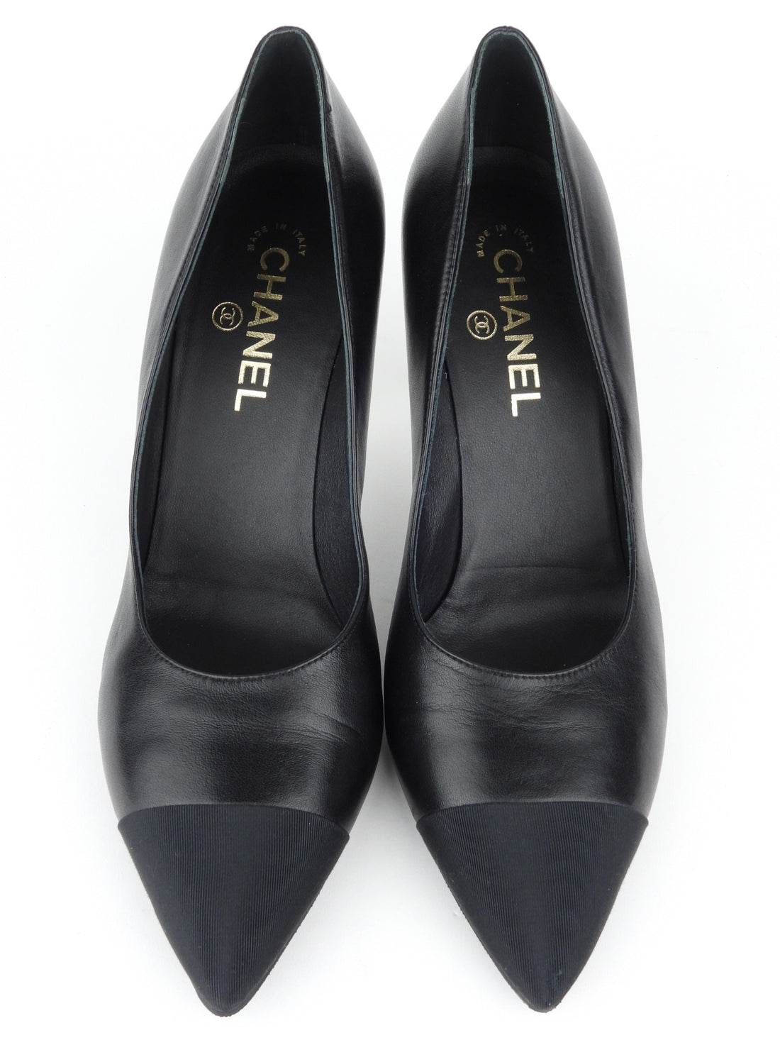 Chanel CC 20S Black Lambskin Leather and Grosgrain Cap-Toe Pearl