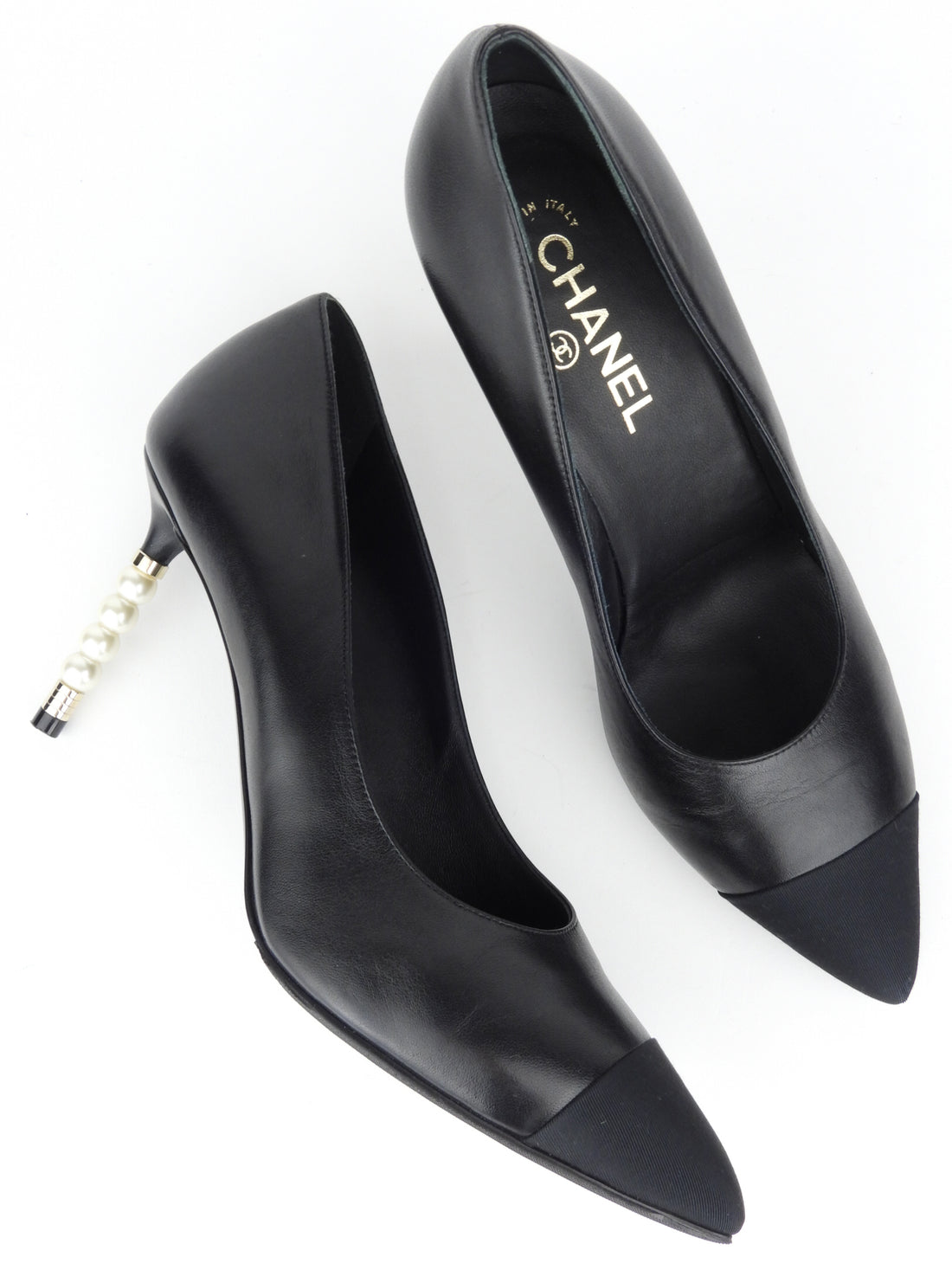 Chanel CC 20S Black Lambskin Leather and Grosgrain Cap-Toe Pearl Heel – I  MISS YOU VINTAGE