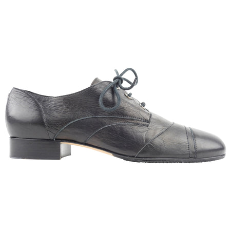 Chanel Black Leather Cap Toe Block Heel Grommet Lace Up Oxford Shoes