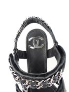 Chanel Black Leather Chain Embellished Tri-Strap Block Heel Sandal
